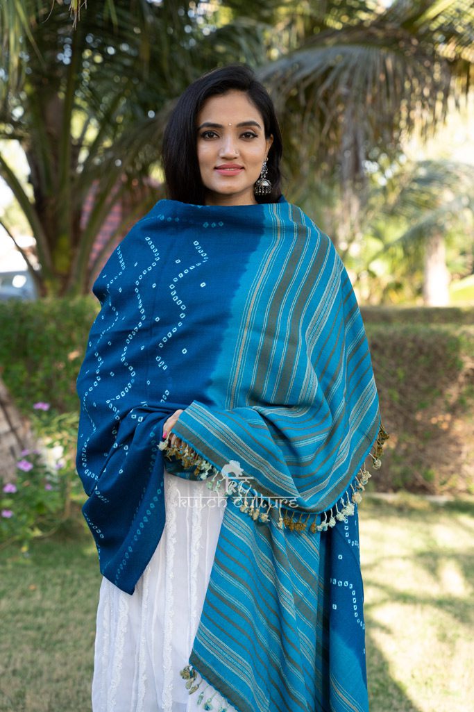 Blue fancy shawl with hand weaving bandhani