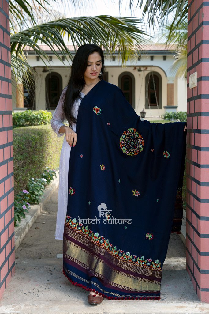 Blue kutchi shawl with embroidery