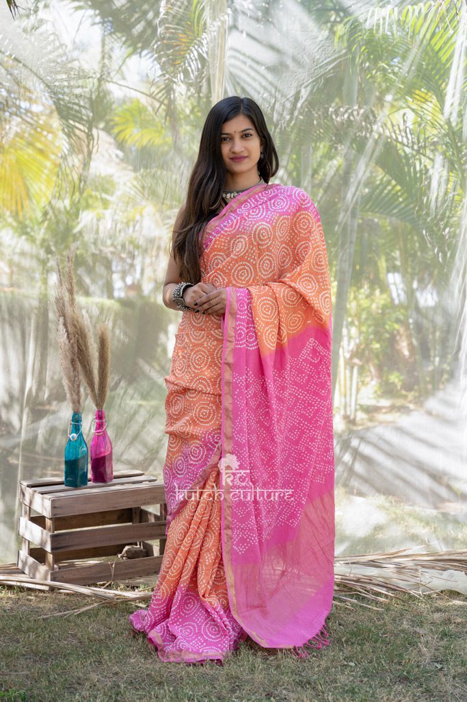 Pink and orange pure cotton handloom bandhej saree