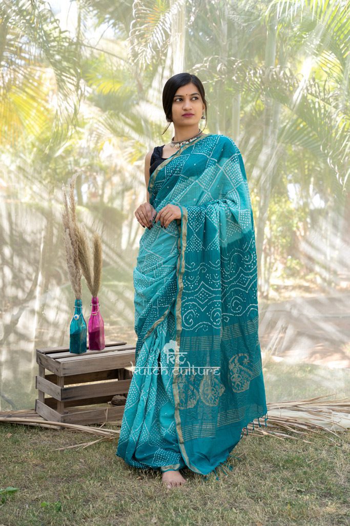 Designer blue pure cotton bandhani saree