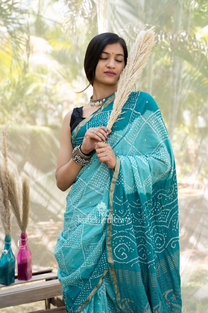 Designer blue pure cotton bandhani saree