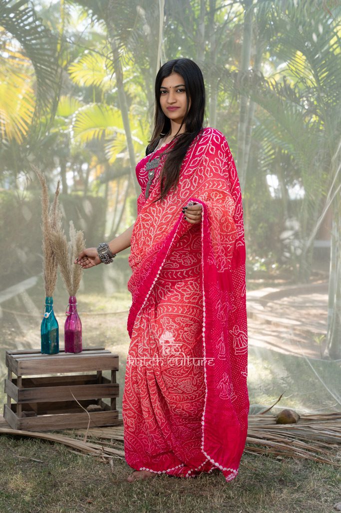Elegant pink Munga  silk saree bandhani