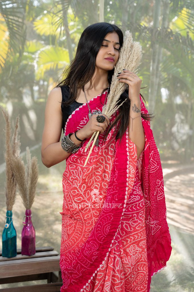 Elegant pink Munga  silk saree bandhani