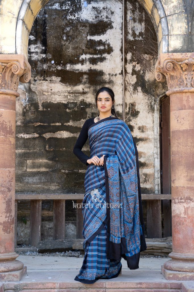 Designer print ajrakh modal silk saree