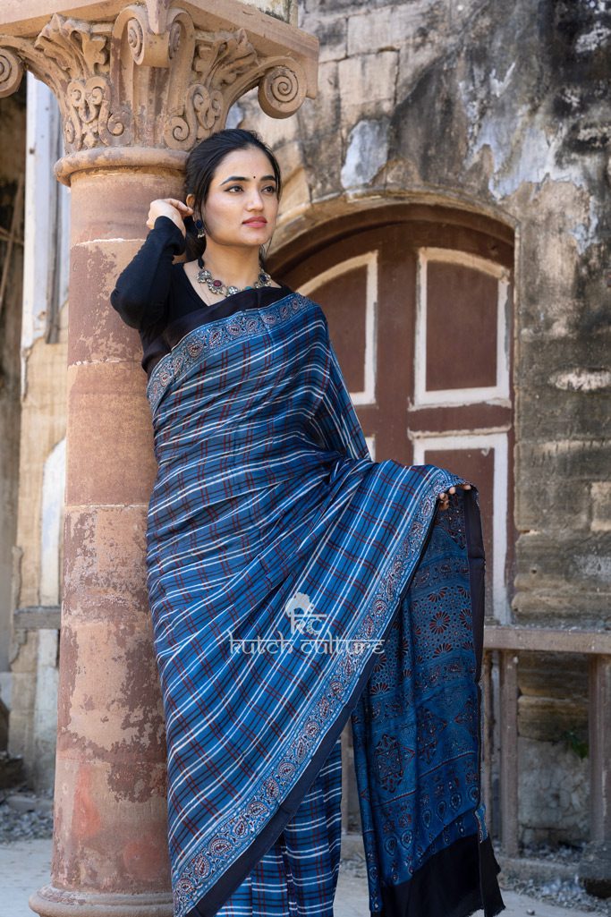 Designer print ajrakh modal silk saree
