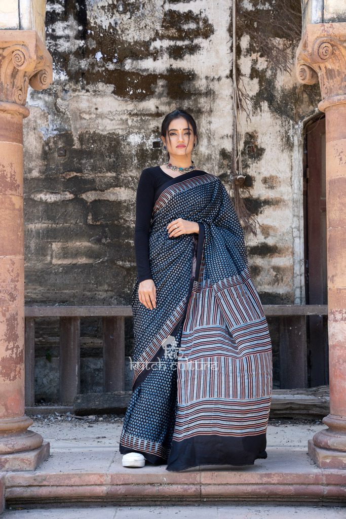 Gorgeous hand print modal silk ajrakh saree