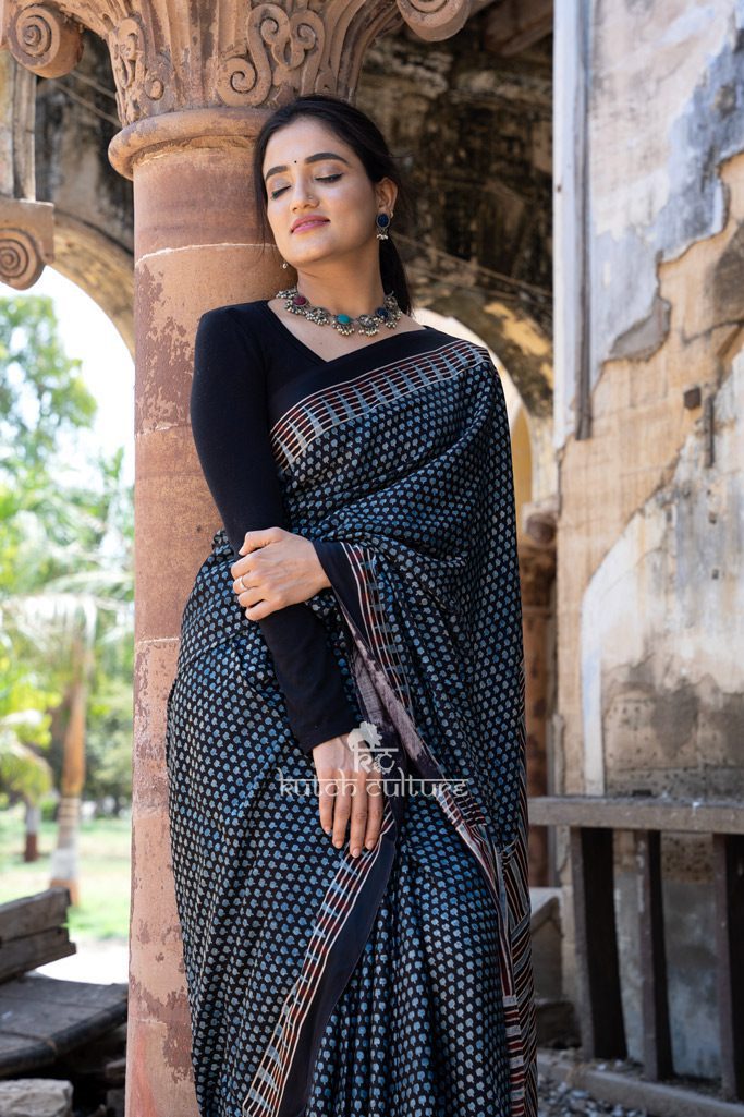 Gorgeous hand print modal silk ajrakh saree