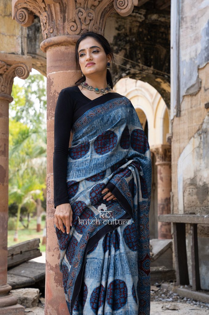Mesmerizing Blue ajrakh print modal silk saree