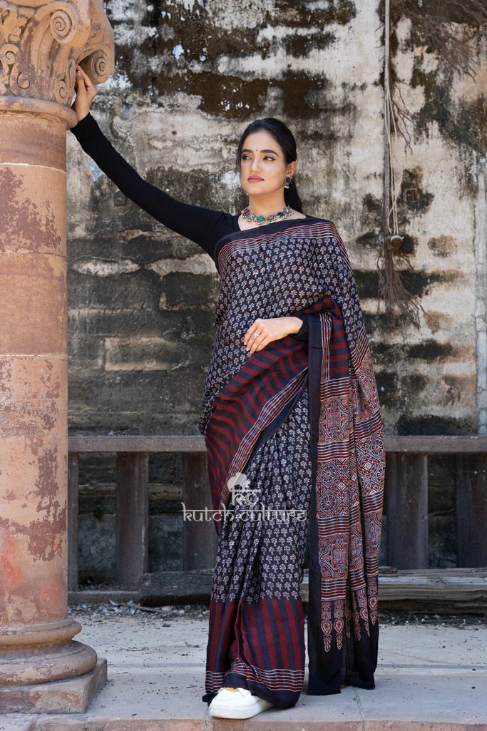 Beautiful ajrakh print modal silk saree