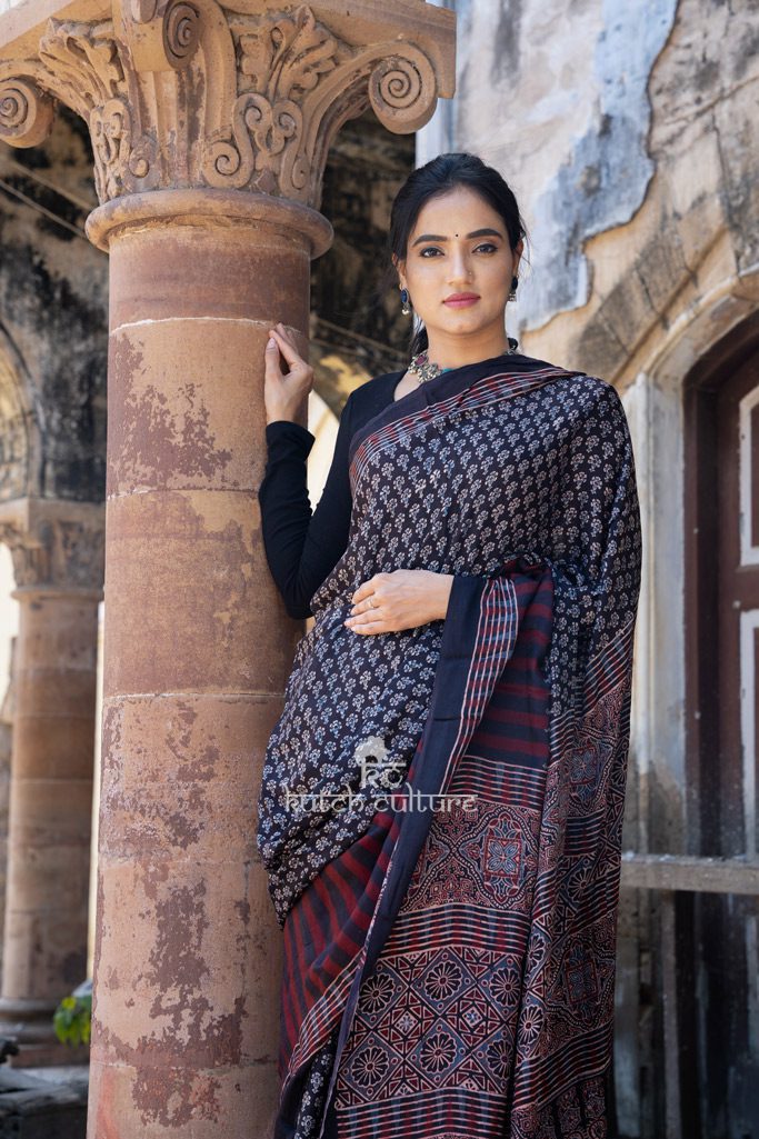 Beautiful ajrakh print modal silk saree