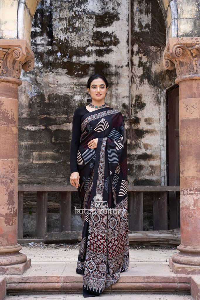 Designer handblock print ajrakh on modal silk saree online
