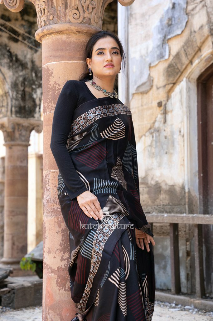 Designer handblock print ajrakh on modal silk saree online
