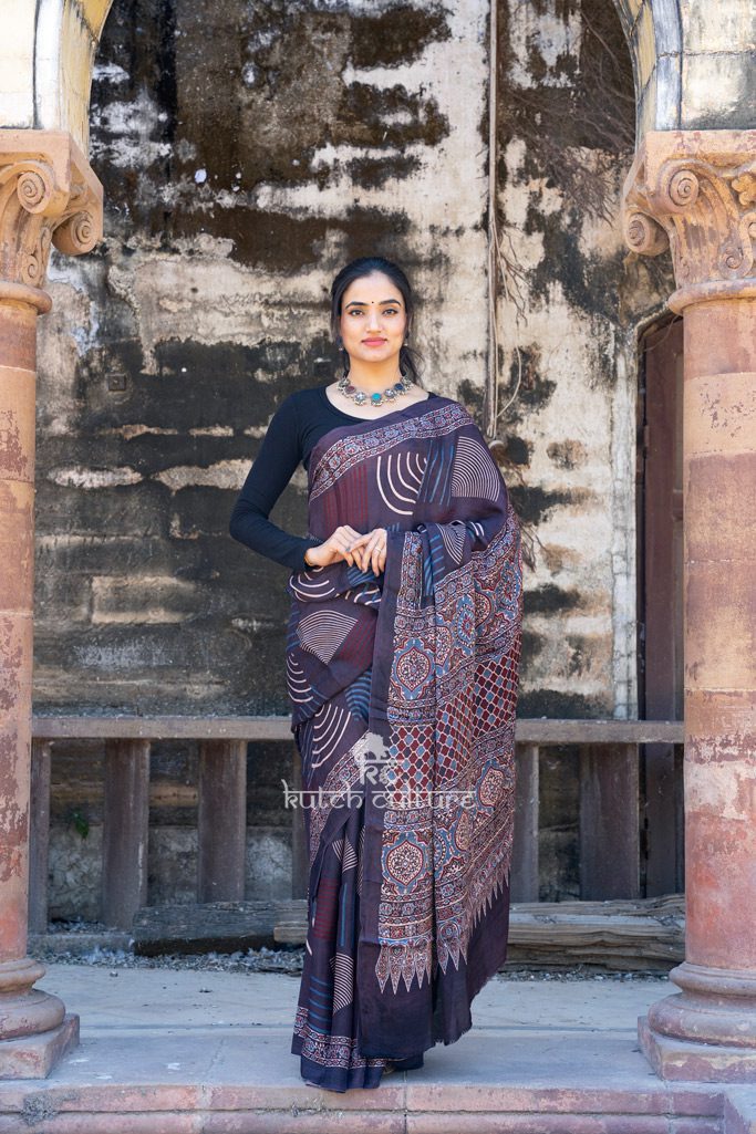 Designer modal silk ajrakh handprint saree