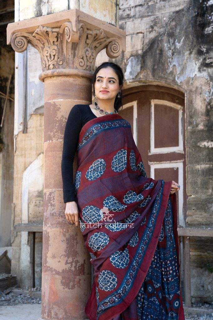 Gorgeous handblock print red ajrakh modal silk saree