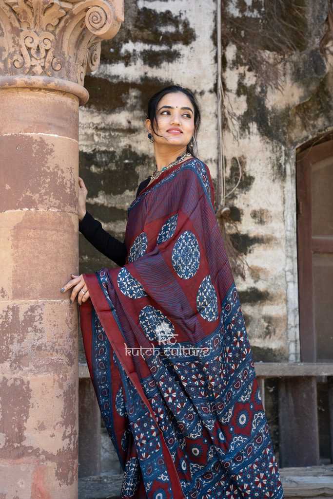 Red base Ajrakh Printed Modal Silk Saree with Blue & Brown Floral Print -  Byhand Kochi