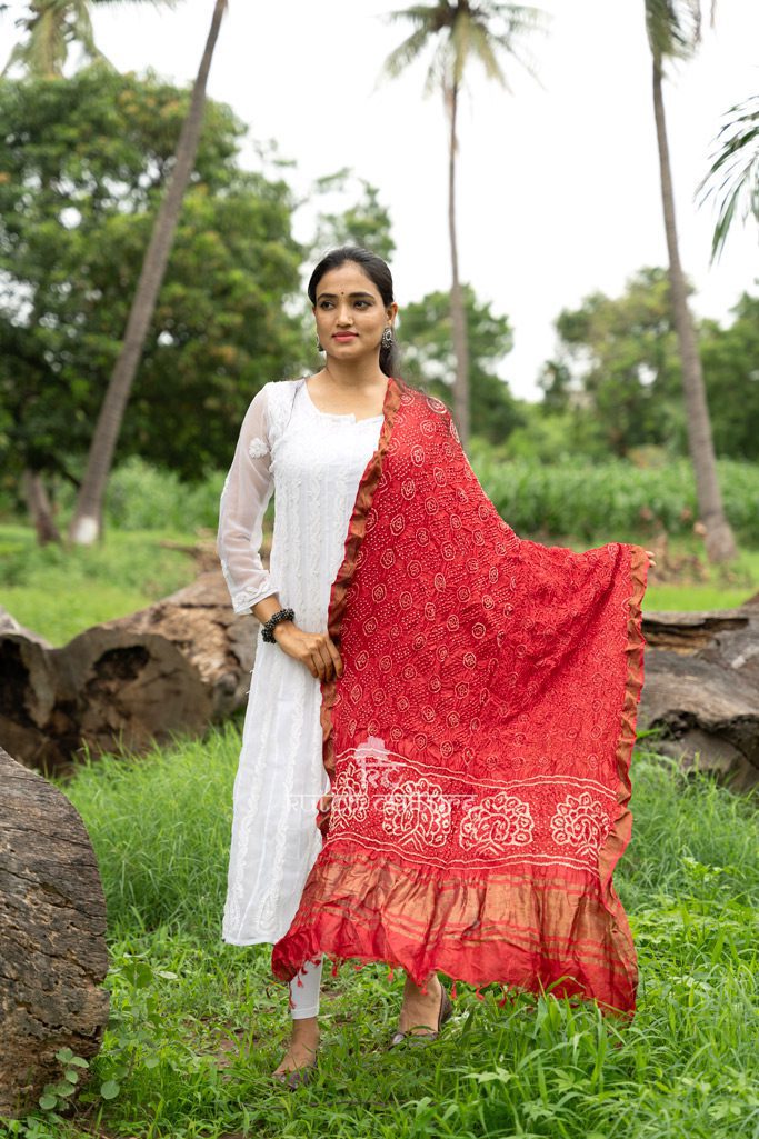 Muga Silk Bandhni With Zari  Weaving Dupatta