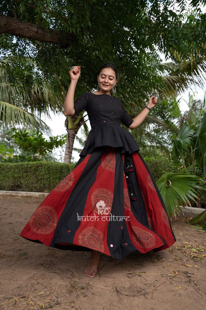 Black and Maroon Block Print Gaghra with Mirror Work Blouse