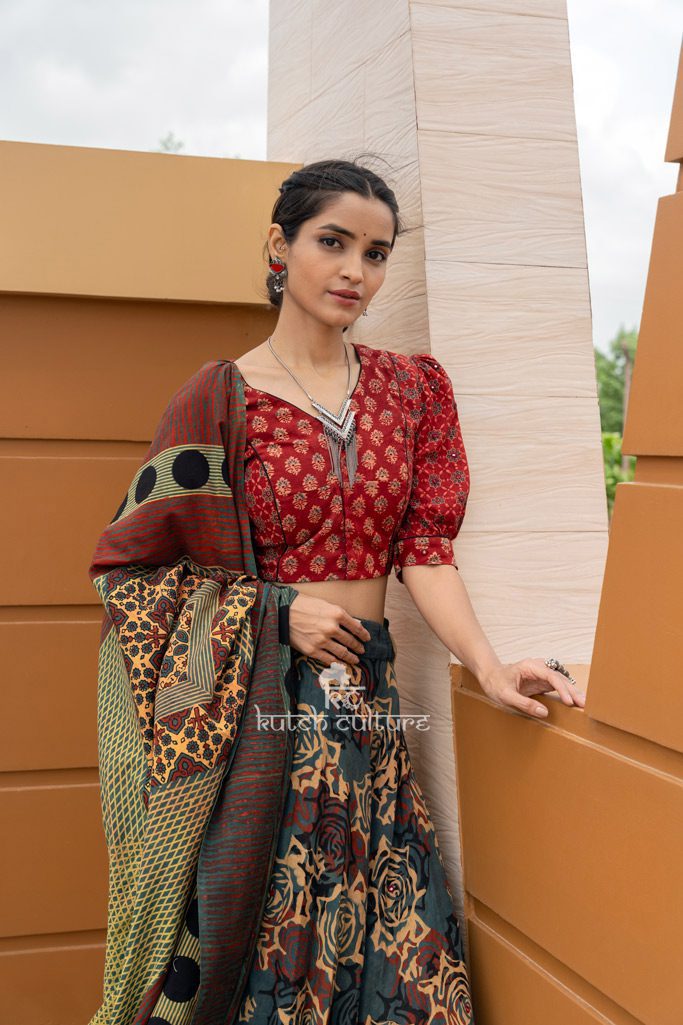 Cotton Ajrakh Block Print Green Ghaghra with Red Blouse Designer Dupatta