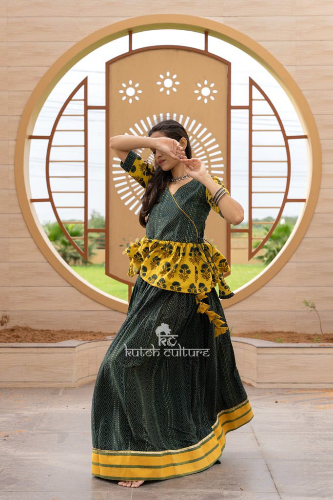 Green & Yellow Ajrakh Kedia Style Top with Skrit for Navratri