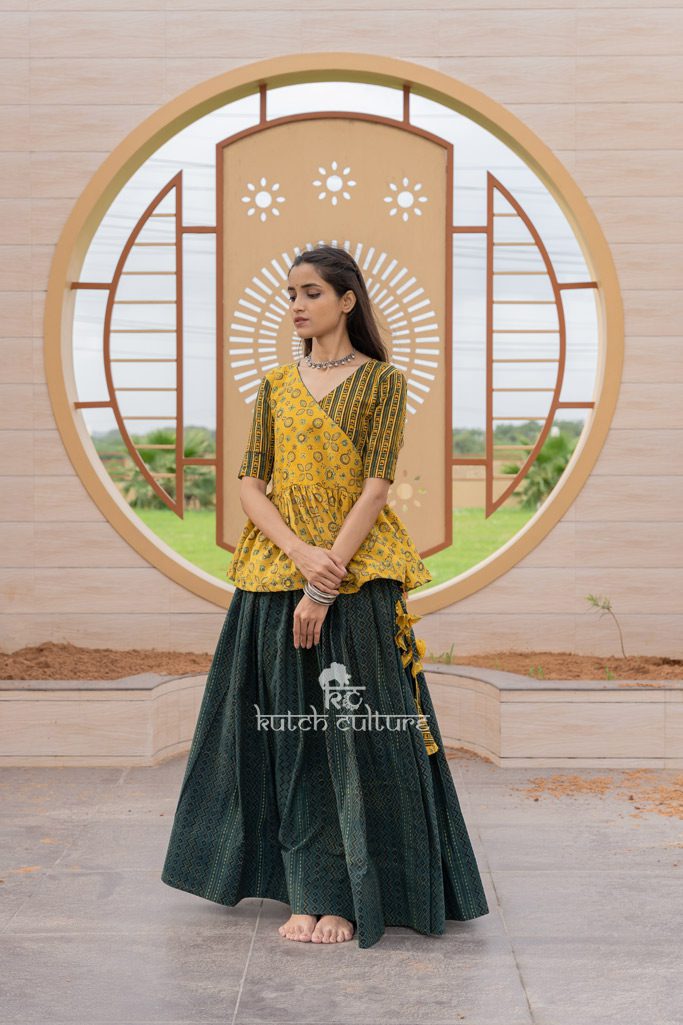 Block Print Skirt with Yellow Ajrakh Kedia for Navratri