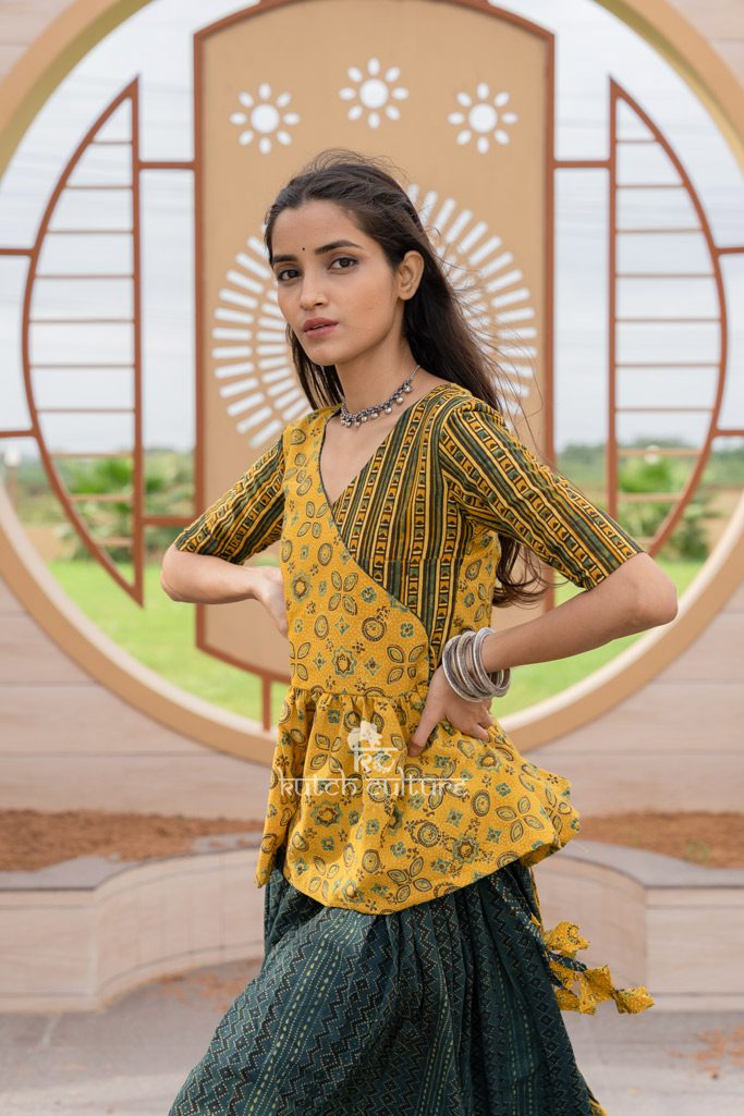 Block Print Skirt with Yellow Ajrakh Kedia for Navratri