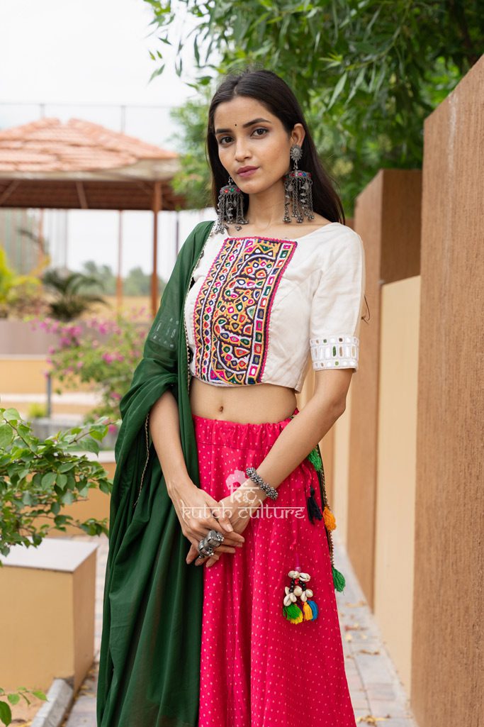 Desiger Pink Ghaghra with Kutch Embroidery White Blouse
