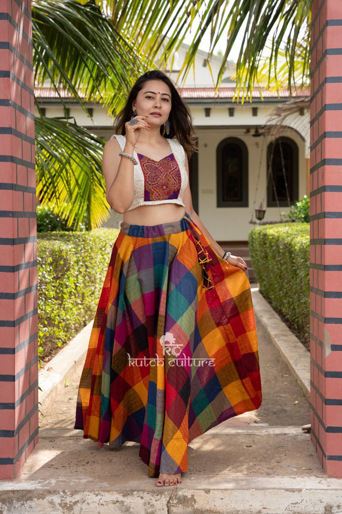 Vibrant Kutch Embroidery Patchwork Choli with Multicolor Skirt for Navratri
