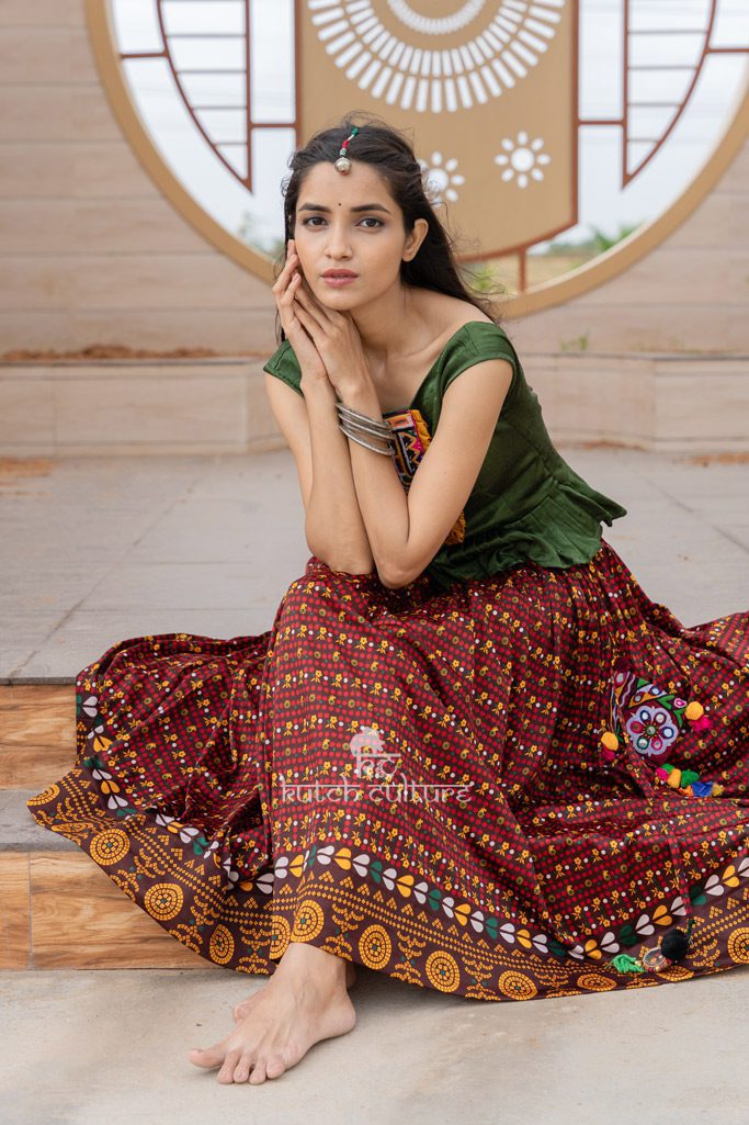 Traditional Kutch Print Skirt with Kutch Embroidery Patch Work Top For Navratri