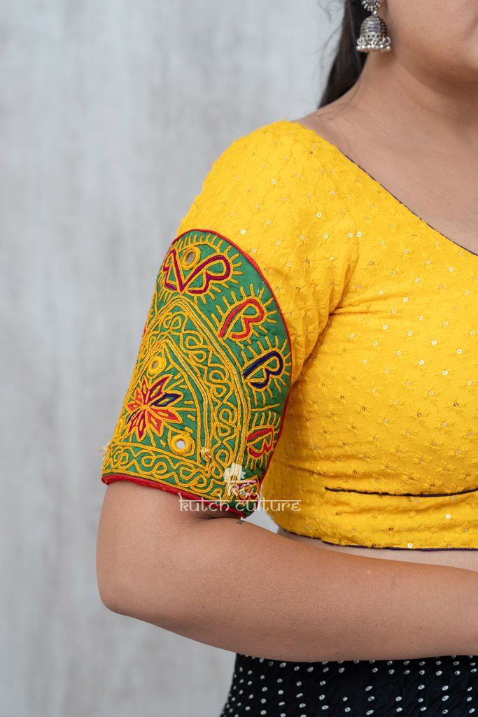 Yellow with Green Kutch Embroidery Patch work Blouse