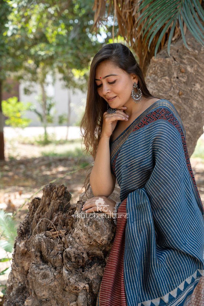 Exquisite Maheshwari Silk Ajrakh Saree with Zari Border