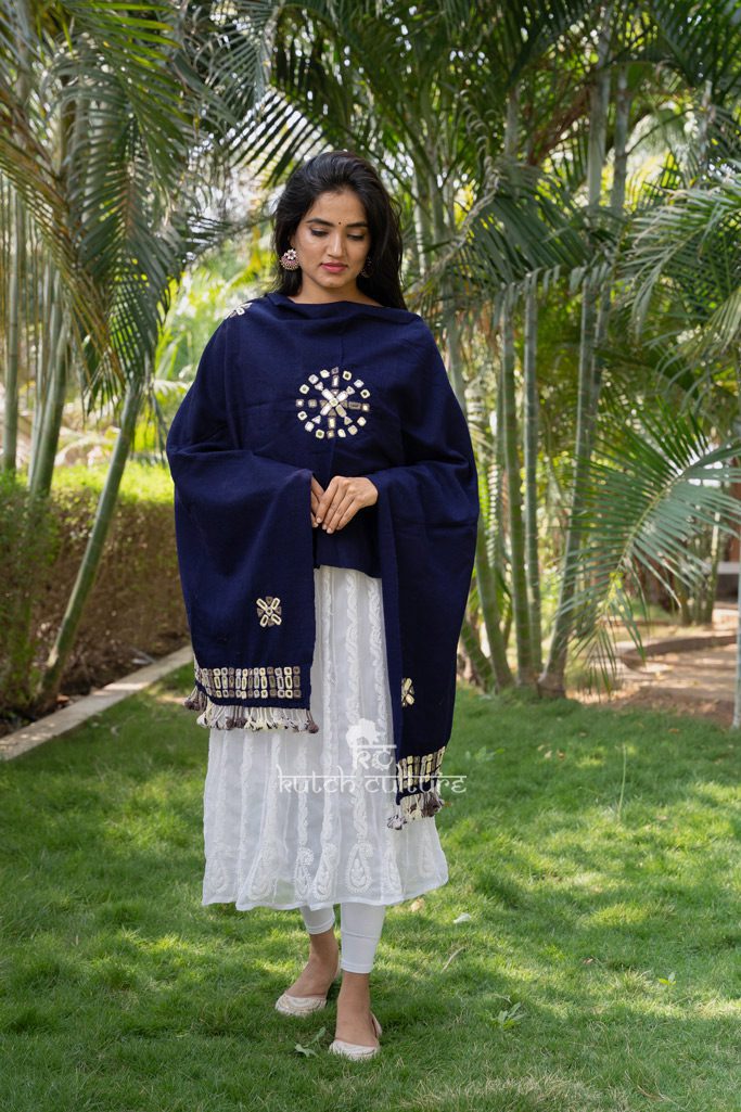 Arctic Allure: Kutch Handwoven Blue Stole with Mirror Accents for Winter