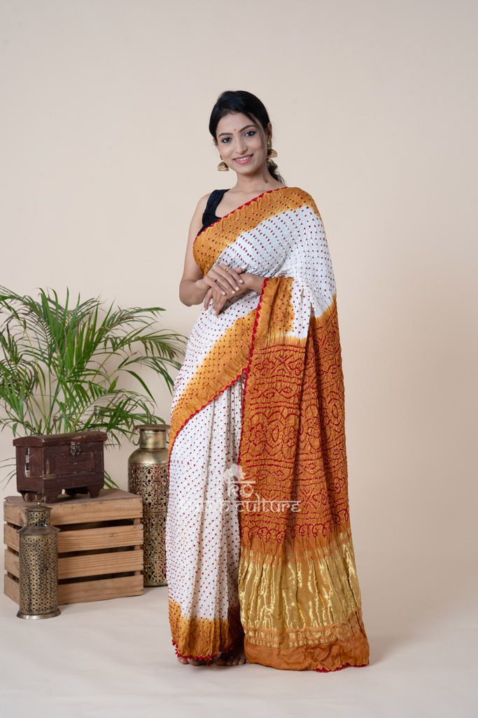 Dual Shade Mustard and White Bandhni Saree with Red Accents