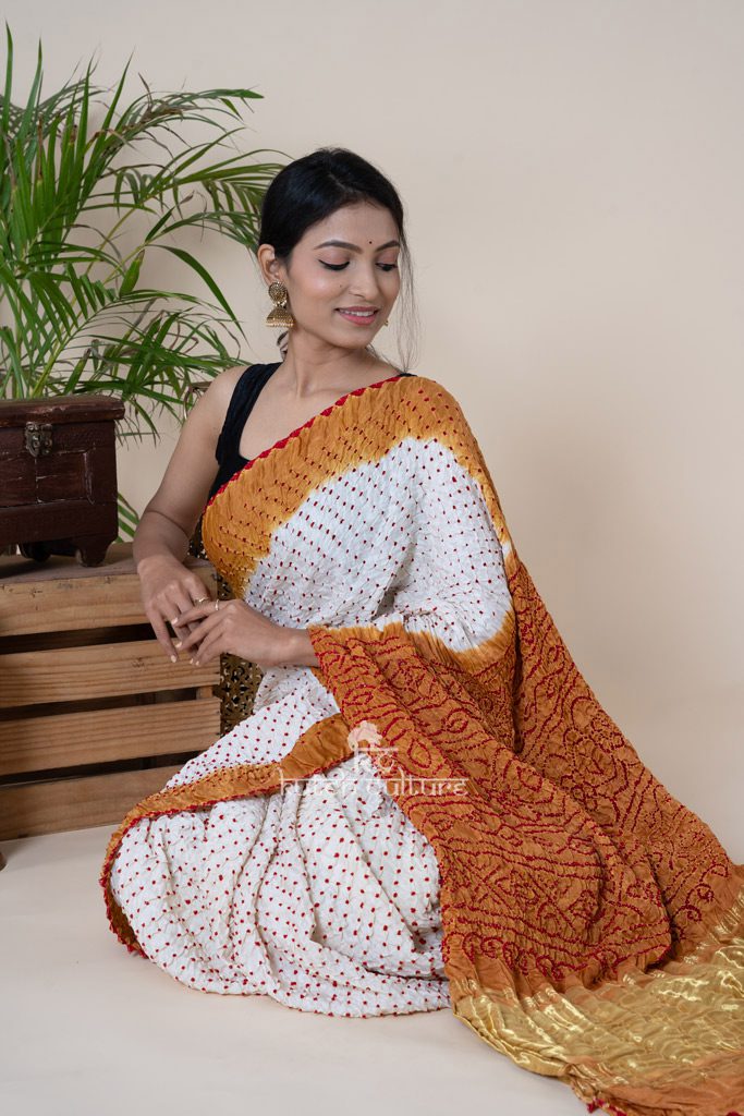 Dual Shade Mustard and White Bandhni Saree with Red Accents