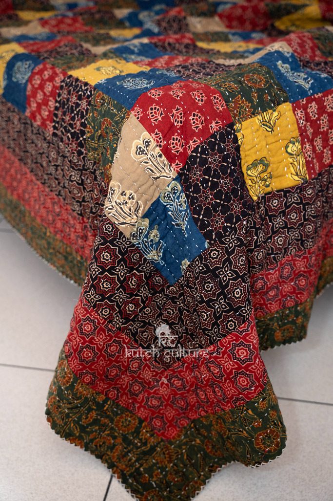 Artisanal Elegance: Reversible Handcrafted Block Print Quilt with Patchwork Accents